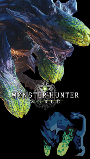 Monster Hunter World 遊戲標誌，帶有一隻大型怪物和下方風格化的生物。