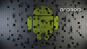 灰色紋理牆上帶有Android文字，由立方體組成的綠色Android吉祥物。