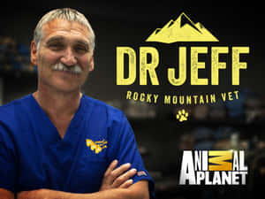 獸醫Dr Jeff穿著藍色手術服，雙臂交叉，帶有Animal Planet和Rocky Mountain Vet品牌標誌。