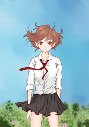 動漫女孩穿著校服站在田野中，粉紅色的花朵隨風飄浮。