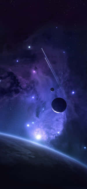 一個紫色星雲，在行星彎曲地平線上方有行星和一顆流星。