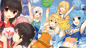 動漫女孩穿著啦啦隊服裝，揮舞著彩球和彩紙在空中歡呼。