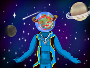 一個卡通太空人，頭部是縫合的地球，在土星和星星附近的太空。