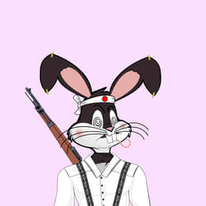 卡通兔仔，尖耳，揹步槍，著白色恤衫同花紋吊帶。 — 賓尼兔 GIF 壁紙