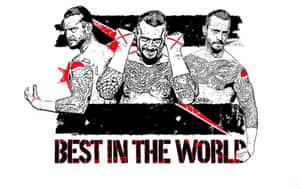 三位紋身摔角手，帶紅色點綴和粗體文字「BEST IN THE WORLD」