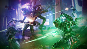 外星戰士在霓虹燈科幻環境中用發光武器戰鬥。