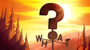 日落時分森林中的一個大木製問號，下方有「WHAT」這個詞。