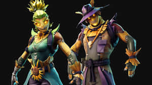 兩個 Fortnite 稻草人角色，帶有發光的眼睛和向日葵細節。 — 要塞英雄 大逃殺 壁紙