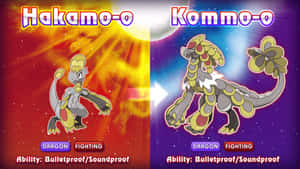 Hakamo-o 和 Kommo-o 寶可夢並肩站立在火焰和星空背景前。