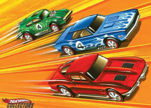 三輛復古Hot Wheels汽車在火焰橙色賽道上行駛。