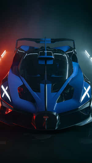 藍色 Bugatti 超級跑車在黑暗的工作室中被紅色和白色燈光照亮。 — 布加迪 壁紙