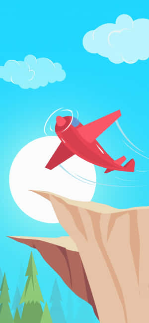 紅色飛機在懸崖附近飛行，伴有太陽和雲朵 — iPhone Air 壁紙