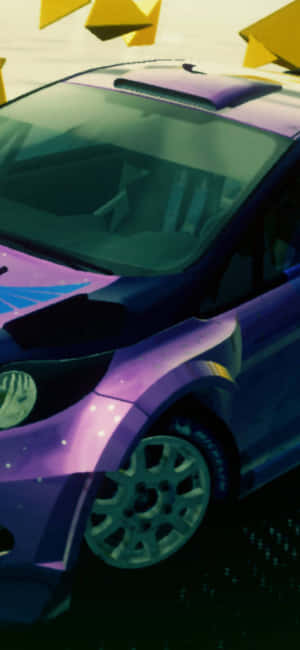 紫色賽車，帶有發光細節和漂浮的黃色形狀，以數位藝術風格呈現。 — iPhone 11 Pro 壁紙