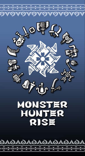 Monster Hunter Rise 遊戲標誌，武器圖標排列成圓形。 — iPhone 8 壁紙