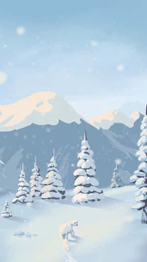晴朗藍天下，白雪覆蓋的山景，松樹和飄落的雪。