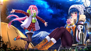 兩個動漫女孩在白雪覆蓋的富士山附近的星空下露營。 — 露營 壁紙