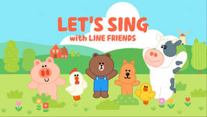 LINE FRIENDS 卡通角色在農場一起唱歌，背景有房屋和風車。