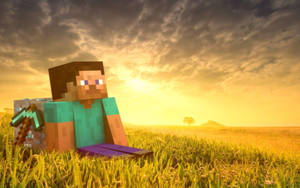 Minecraft角色坐在草地上，夕陽下手持鑽石劍。