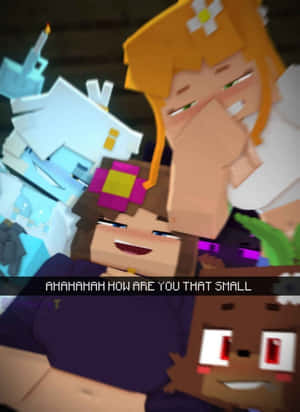 三個Minecraft角色在像素房間裡一起大笑。