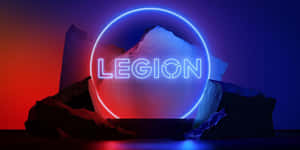 霓虹藍色圓圈，LEGION 文字在岩石上發光，背景為紅藍漸變色。