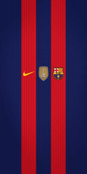 垂直紅藍條紋運動牆紙，帶有 Nike FIFA 世界冠軍球會盃和 FC 巴塞隆拿標誌。 — Pixel 3 壁紙