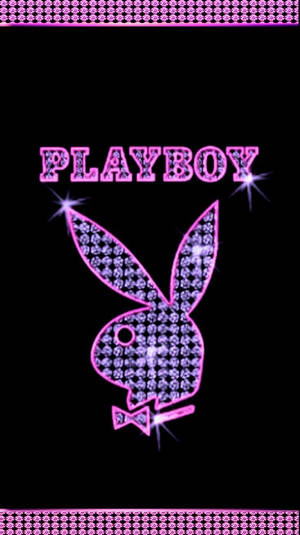 粉紅色閃粉Playboy兔仔標誌，配有蝴蝶結，黑色背景，帶圖案邊框。