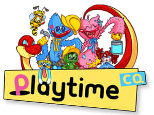 Playtime Co. 標誌，卡通人物拿著工具和玩具。