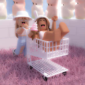 兩個Roblox角色在粉紅色草地上愉快地推著裝有雪糕的購物車。