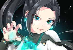 擁有發光藍綠色眼睛和深色頭髮的動漫少女在太空中引導魔法。