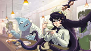 龍女和鯊魚臉的男人在咖啡店櫃檯，有糖漿和茶。