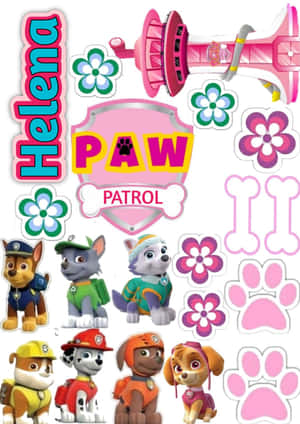個人化 Paw Patrol 牆貼，帶有角色、花朵、骨頭和塔。