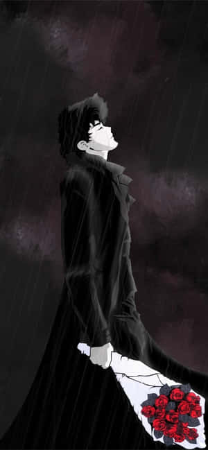 動漫角色穿著黑色外套，在陰雨昏暗的環境中手持紅玫瑰。