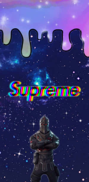 太空中的《要塞英雄》角色，帶有彩虹 Supreme 標誌和滴落的銀河背景。