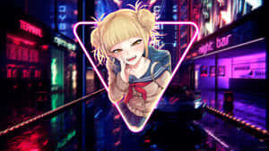 動漫女孩在夜晚霓虹燈照亮的賽博龐克城市街道上
