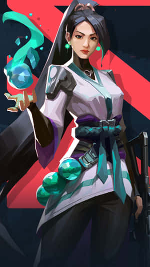 身穿白色和藍綠色盔甲的動漫女戰士，用武器引導綠色能量。