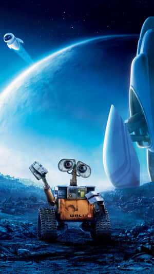 WALL-E 機器人在荒蕪的星球上看著太空船和地球。