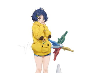 動漫女孩穿黃色連帽衫持武器，手捂嘴害羞偷看。