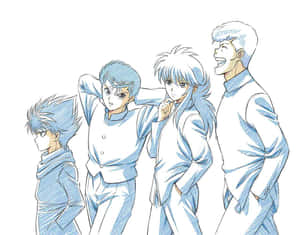 四個藍色頭髮、穿著淺藍色制服的動漫男孩站在一起。