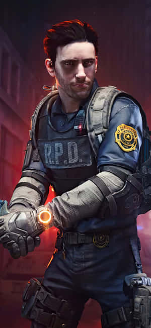 身穿戰術裝備的R.P.D.警員在煙霧瀰漫的城市環境中手持發光武器 — iPhone 16 Pro 壁紙