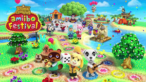 動物森友會角色在充滿氣球和音樂的節日島嶼上慶祝Amiibo Festival。
