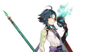 藍綠色頭髮的動漫戰士揮舞冰魔法和綠色長矛。