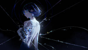 藍髮動漫女孩穿著發光連衣裙，被宇宙能量和星星環繞。