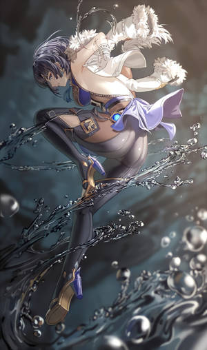 穿著白色和紫色服裝的動漫女孩跳過黑暗的水面，水花四濺。
