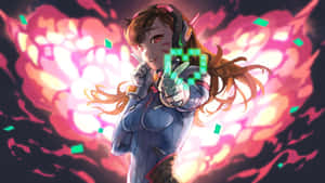 動漫女孩穿著未來裝備，在熾熱爆炸中發射發光像素武器。