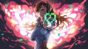動漫女孩穿著未來裝備,在熾熱爆炸中發射發光像素武器。