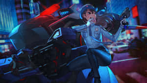 動漫女警與機甲在霓虹城市夜景中