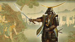 全副武裝的武士戰士在森林中持刀面對敵人。