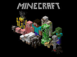 Minecraft遊戲角色和生物以方塊像素風格呈現，背景為黑色。