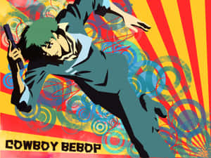 Cowboy Bebop 動漫角色在半空中擺出動作姿勢，背景為色彩繽紛的抽象背景。