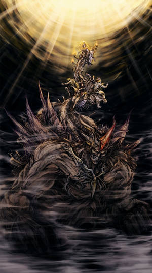 一個惡魔生物從水中升起，戰士在其背上戰鬥，背景是金色太陽。